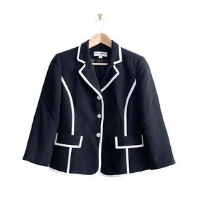 A & K Designs Cropped Blazer Jacket Women's 6P Black White Trim Notched Lapels